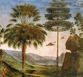 Man leunend op een staf, vogels vliegend, bomen, rotsen, een meer en een verre stad met torenspitsen (detail)
